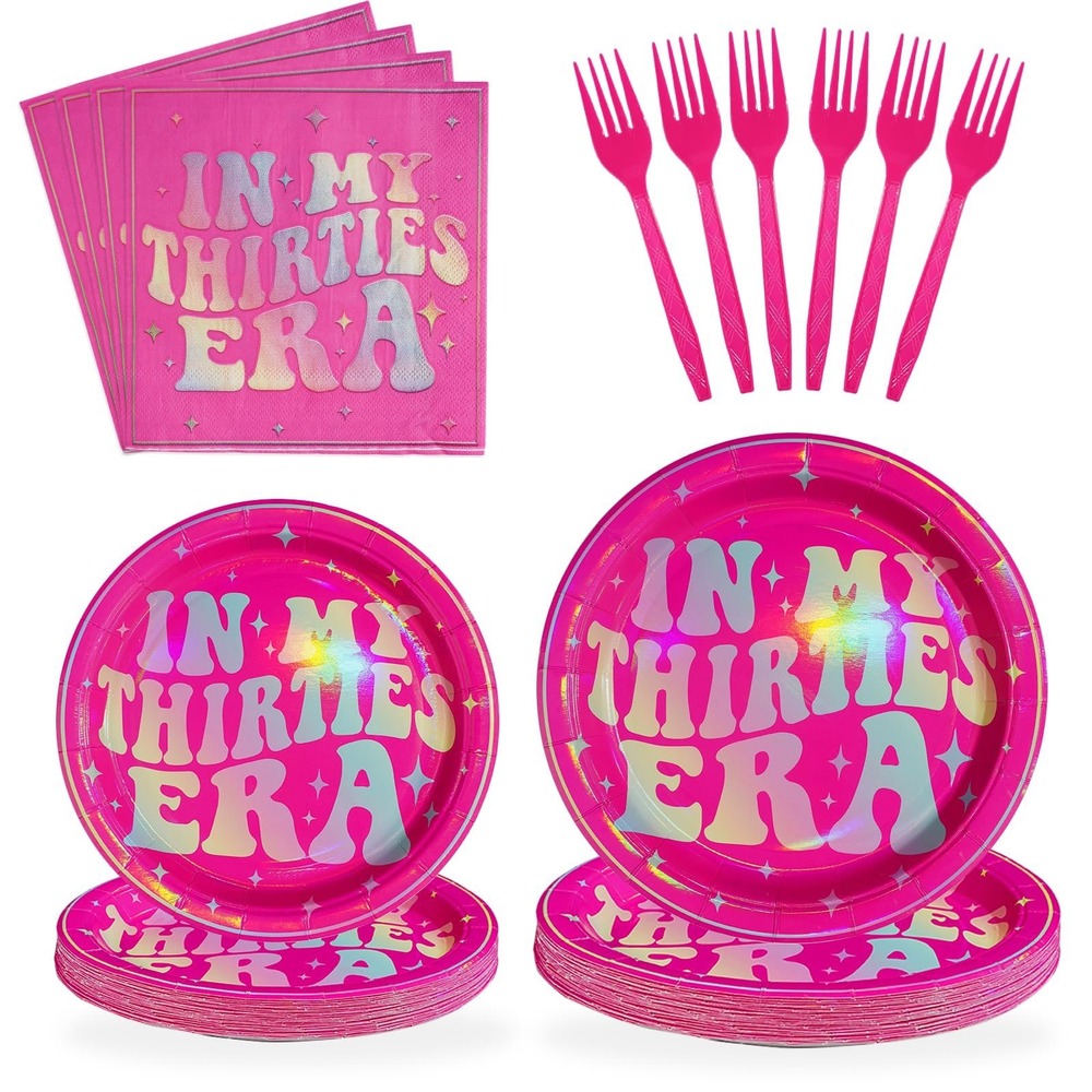 NWT In My Thirties‎ Era 96Pc Party Tableware Set Hot Pink Holographic Decor